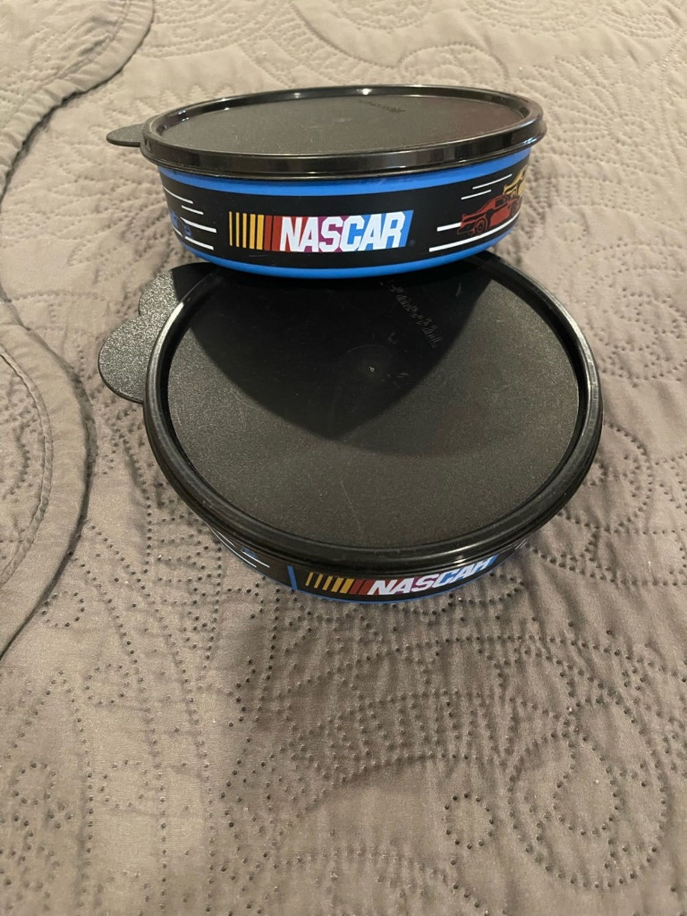 Tupperware Nascar Black & Blue Round Snack Containers with Racing Stripe